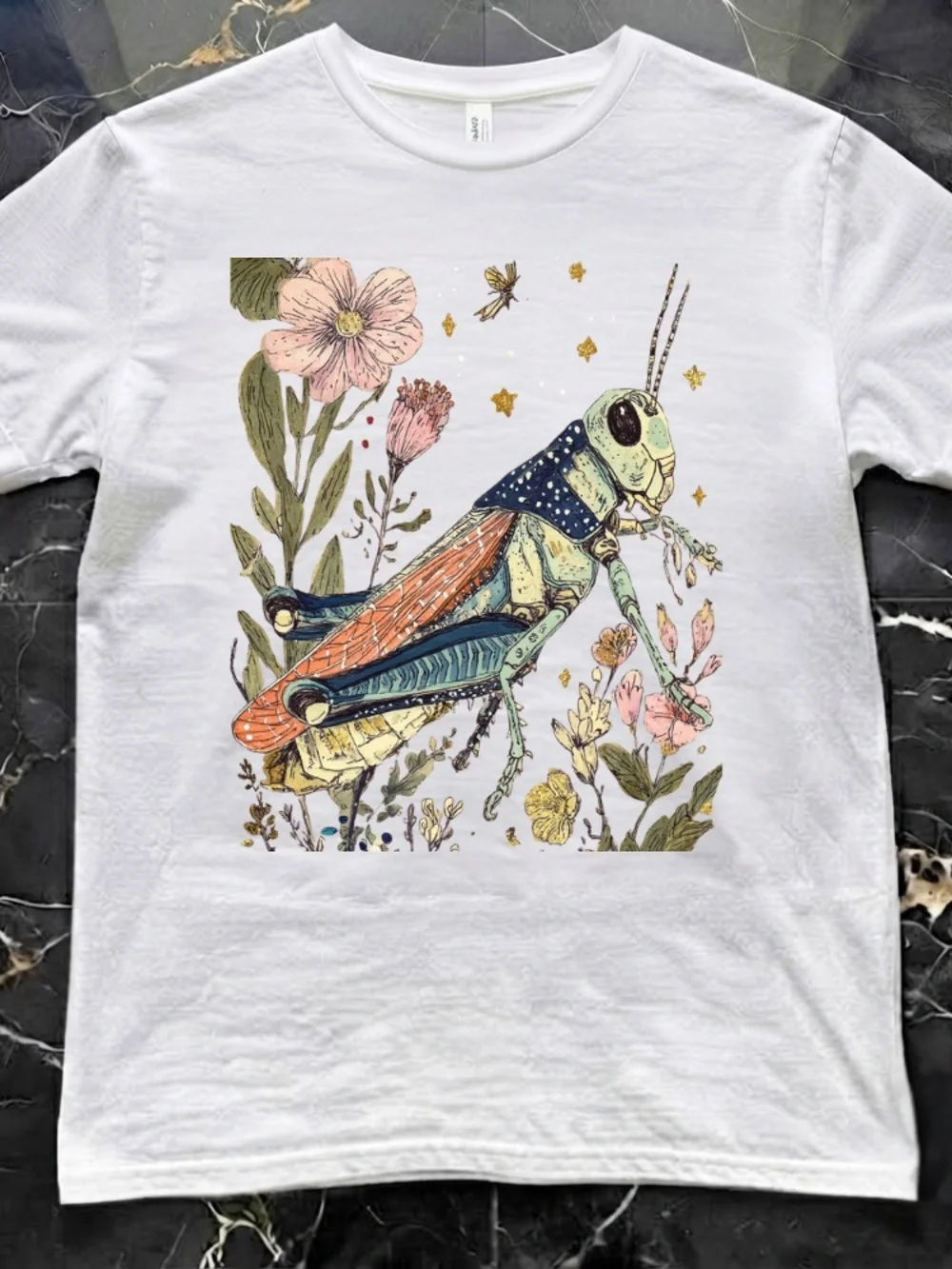 Grasshopper Scientific Illustration Flowers Botanical Nature Vintage T-Shirt